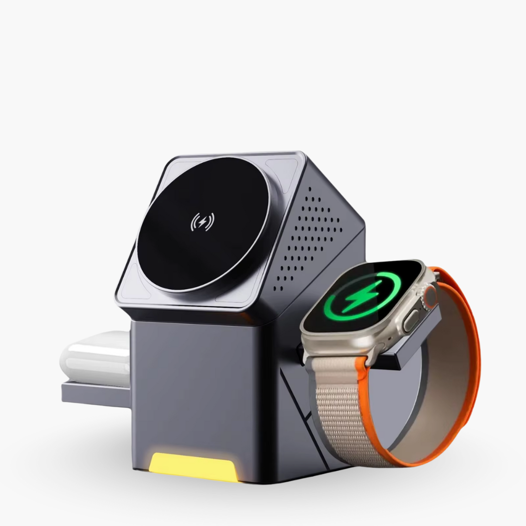 Apple Watch charging on UniDock with orange band
