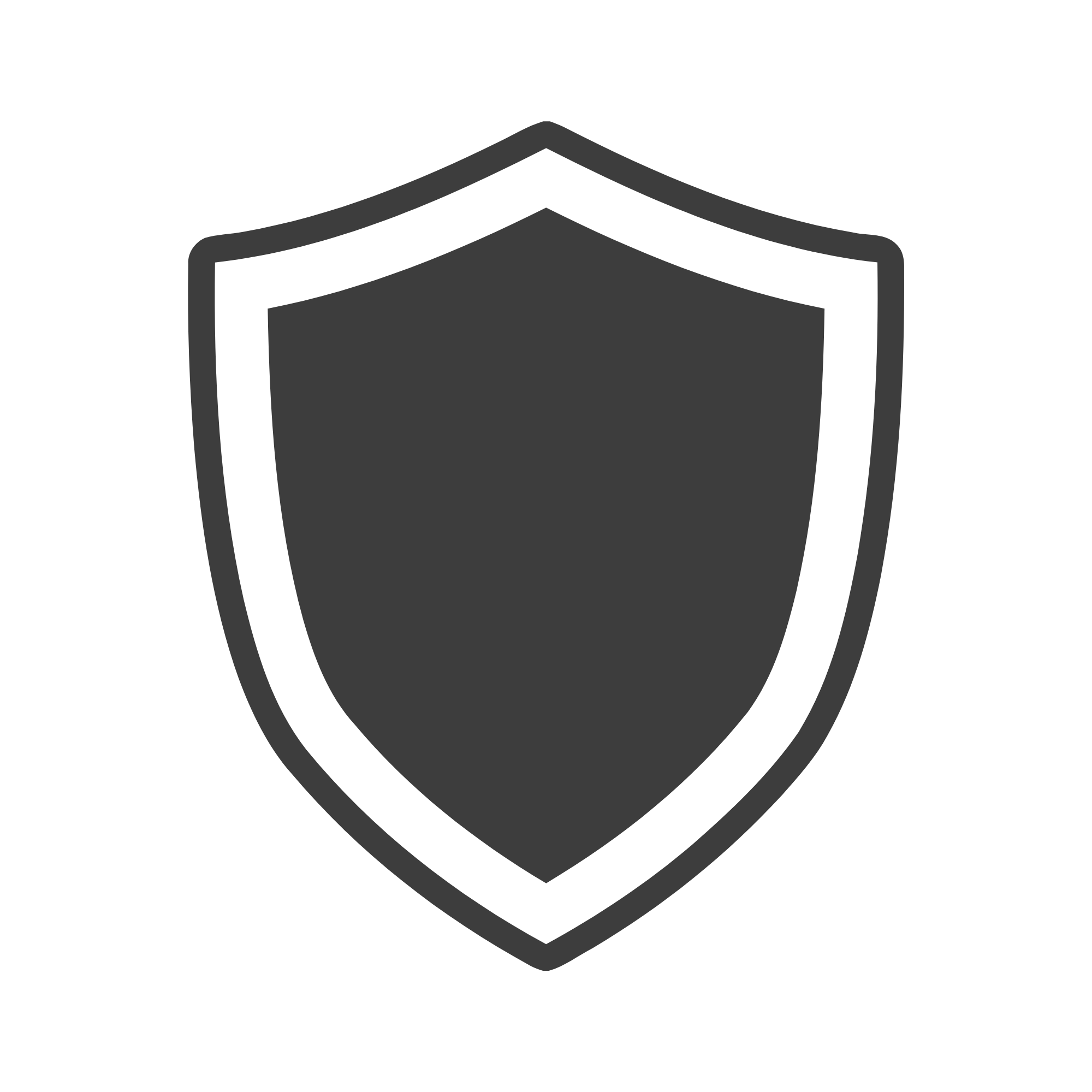 Black and white shield icon on a white background